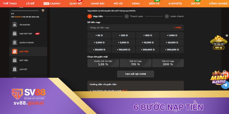 6 bước thực hiện nạp tiền tại SV88