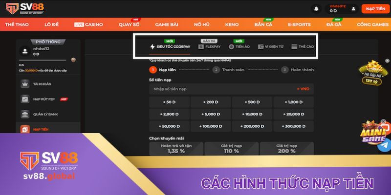 Tổng hợp các hình thức nạp tiền tại SV88